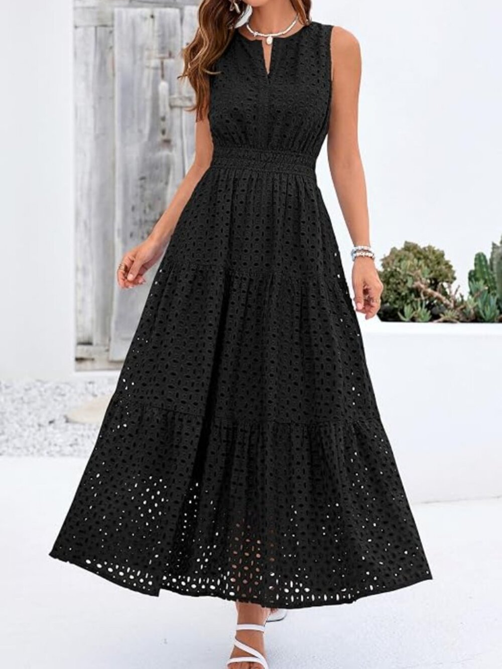 Womens 2026 Summer Maxi Dresses Sleeveless Sundresses V Neck Eyelet A Line Long